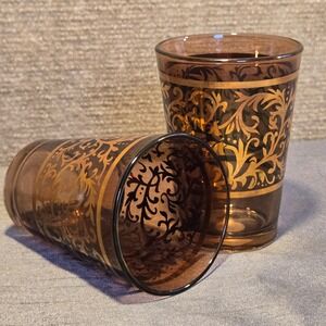 Timon Glass Italy Vintage Gold Filigree Juice Glasses Set of 2 Hand Decorated